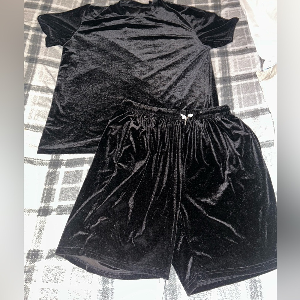 Velvet Black Two-Piece Lounge Set - Tee & Shorts